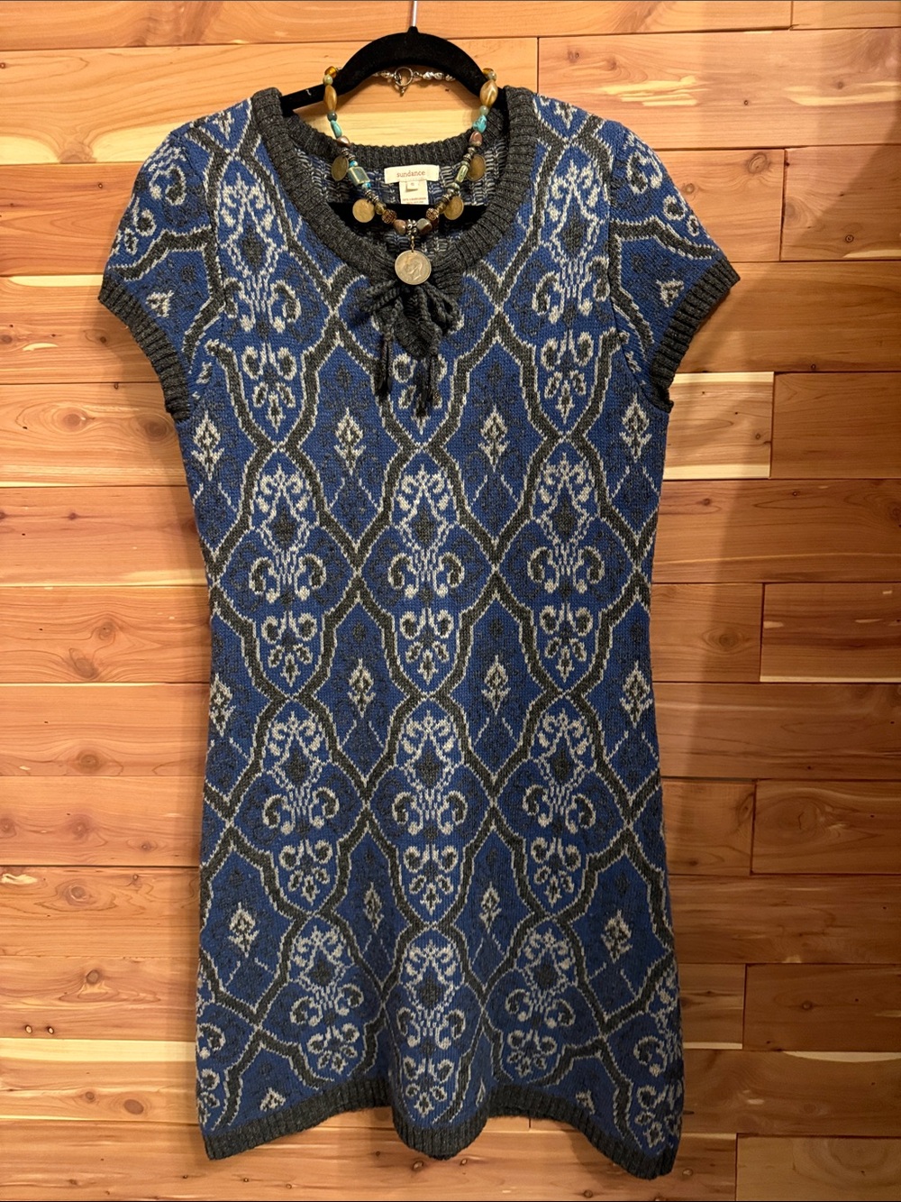 Sundance Blue and Gray Short-Sleeve Lambswool Knit Midi Dress - Picture 1 of 6
